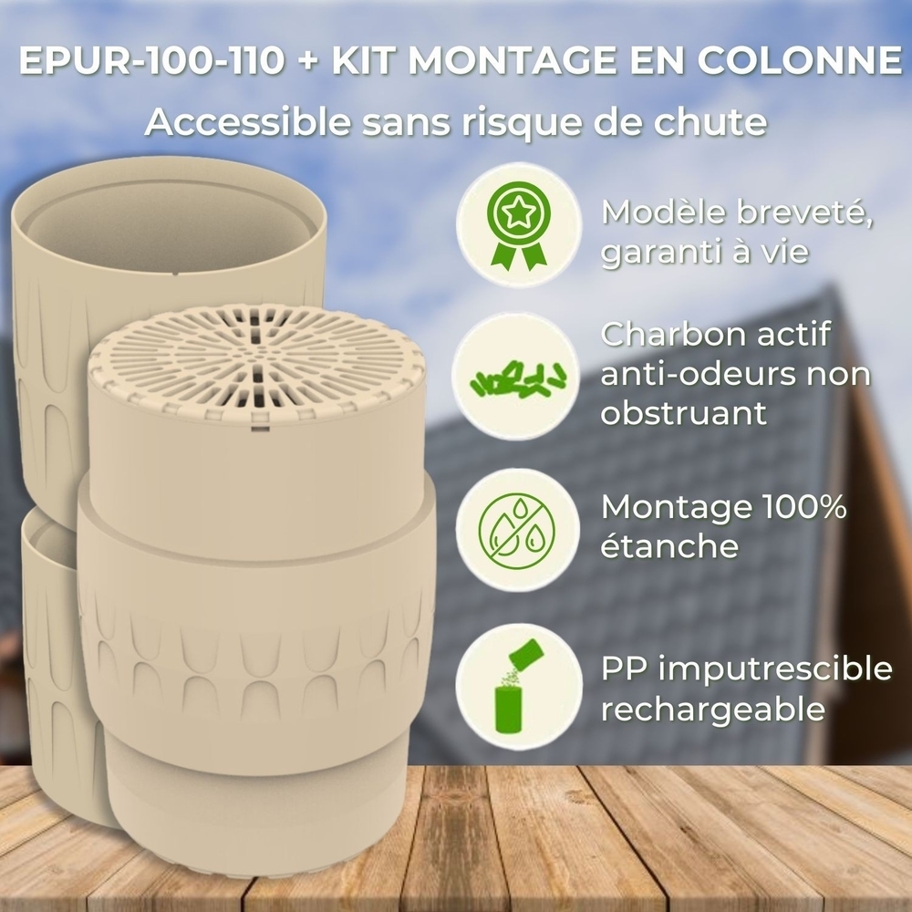 EPUR-100 FILTRE ANTI-ODEURS AU CHARBON ACTIF POUR FOSSE SEPTIQUE , TOUTES EAUX , Ø 100 MM