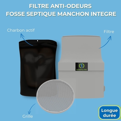 FILTRE ANTI-ODEURS AU CHARBON ACTIF POUR FOSSE SEPTIQUE + MANCHON GRIS
