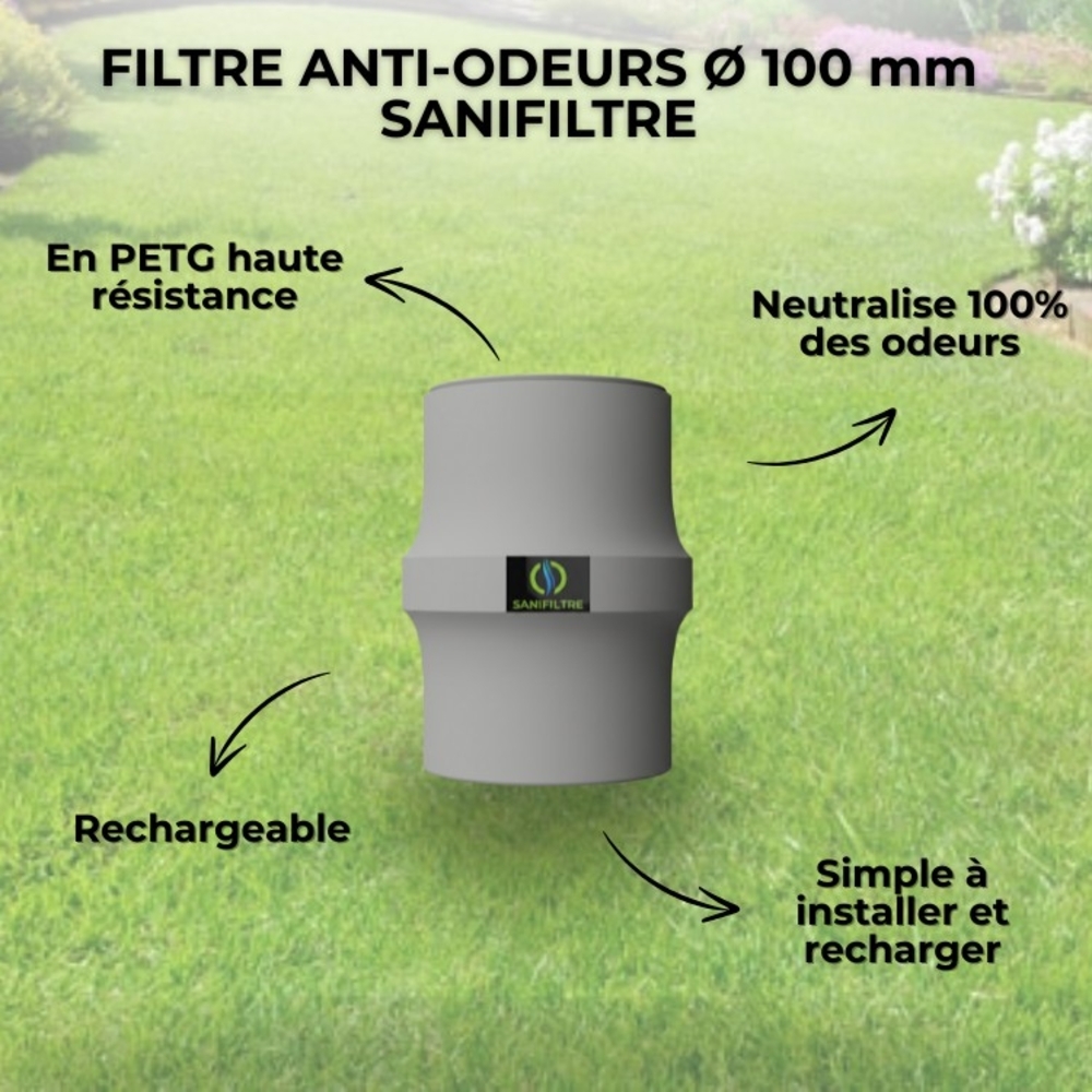 FILTRE ANTI-ODEURS AU CHARBON ACTIF POUR FOSSE SEPTIQUE , TOUTES EAUX , Ø 100 MM , COLORIS GRIS