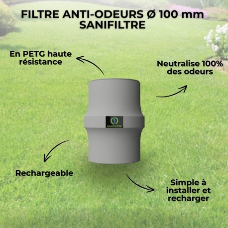 FILTRE ANTI-ODEURS AU CHARBON ACTIF POUR FOSSE SEPTIQUE , TOUTES EAUX , Ø 100 MM , COLORIS GRIS