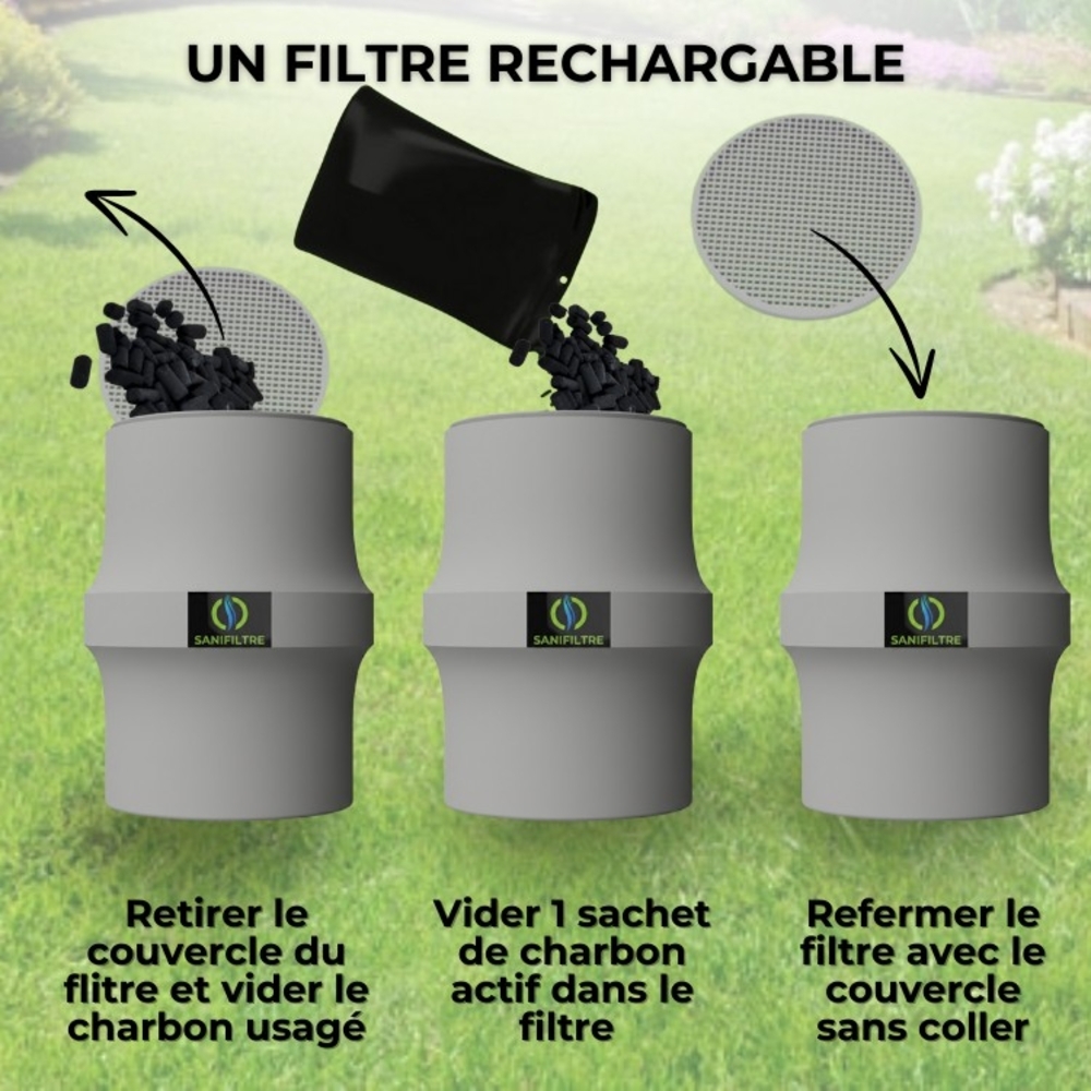 FILTRE ANTI-ODEURS AU CHARBON ACTIF POUR FOSSE SEPTIQUE , TOUTES EAUX , Ø 100 MM , COLORIS GRIS