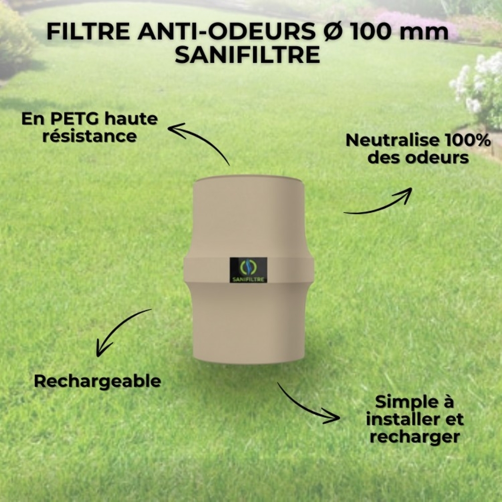 FILTRE ANTI-ODEURS AU CHARBON ACTIF POUR FOSSE SEPTIQUE , TOUTES EAUX , Ø 100 MM , COLORIS GRIS