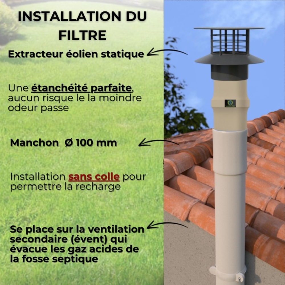 FILTRE ANTI-ODEURS AU CHARBON ACTIF POUR FOSSE SEPTIQUE , TOUTES EAUX , Ø 100 MM , COLORIS GRIS