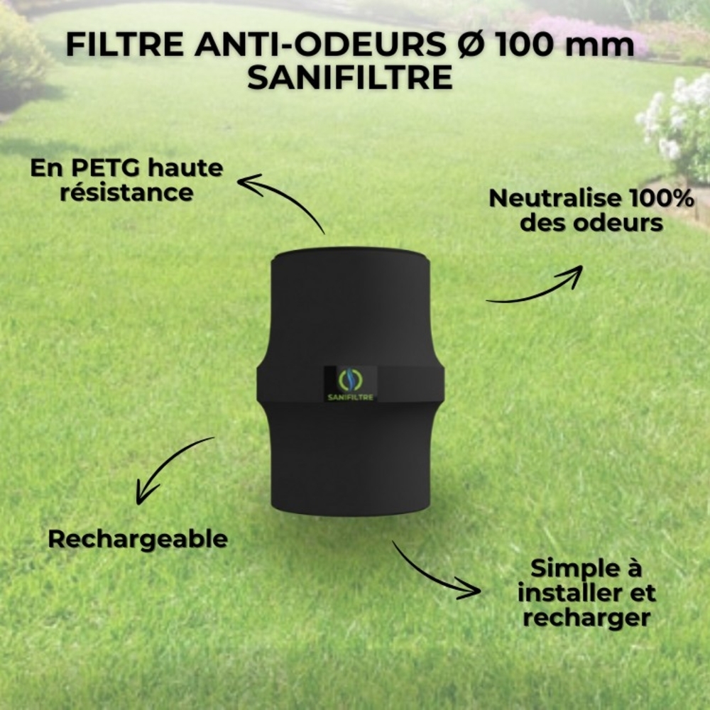 FILTRE ANTI-ODEURS AU CHARBON ACTIF POUR FOSSE SEPTIQUE , TOUTES EAUX , Ø 100 MM , COLORIS GRIS