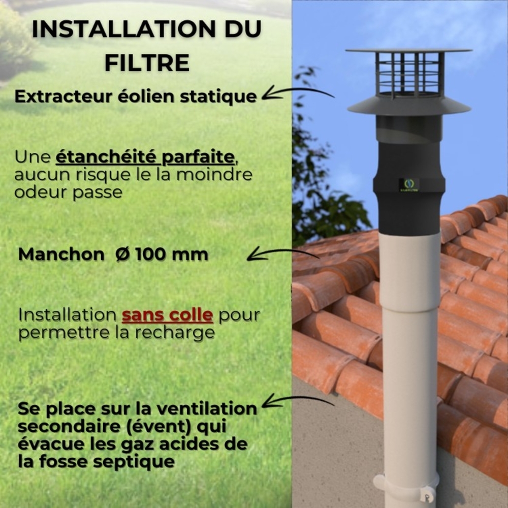 FILTRE ANTI-ODEURS AU CHARBON ACTIF POUR FOSSE SEPTIQUE , TOUTES EAUX , Ø 100 MM , COLORIS GRIS