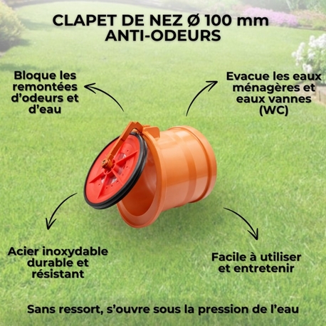 Clapet Anti-Retour Ø 100 mm, Stop Odeurs, Inondations & Nuisibles (Rats), Clapet de Nez à Coller en PVC & Inox, Installation Fac