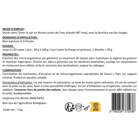 TRAITEMENT BAC A GRAISSE , ASSAINISSEMENT : POUDRE AUX ENZYMES 5 KG