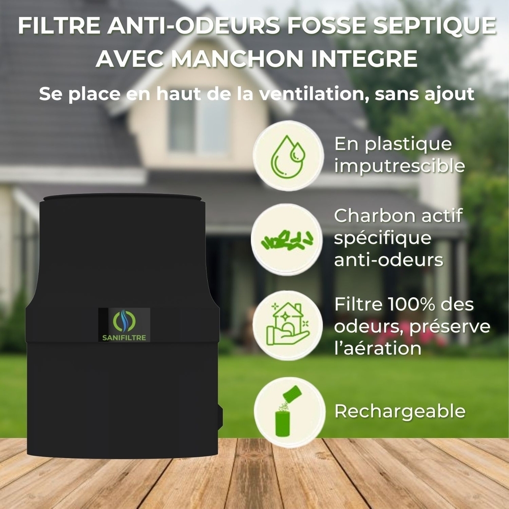 FILTRE ANTI-ODEURS AU CHARBON ACTIF POUR FOSSE SEPTIQUE + MANCHON GRIS