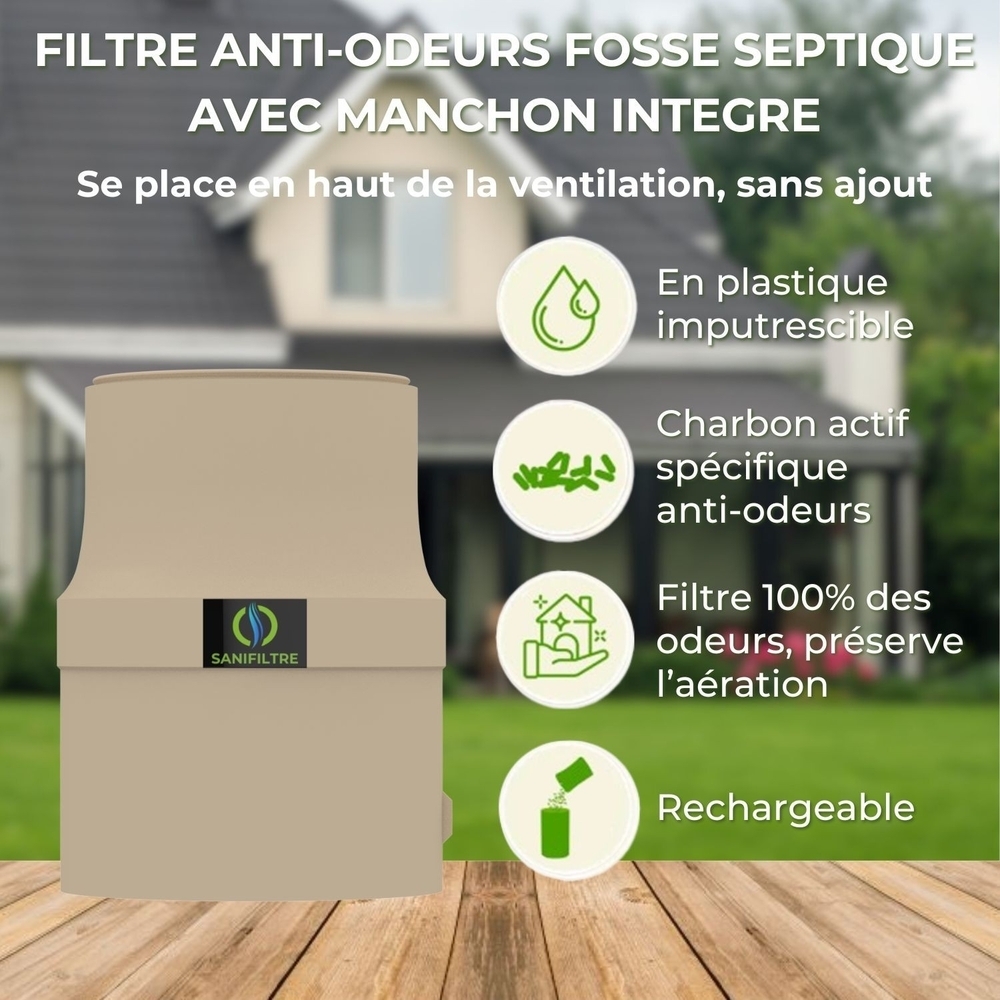 FILTRE ANTI-ODEURS AU CHARBON ACTIF POUR FOSSE SEPTIQUE + MANCHON GRIS