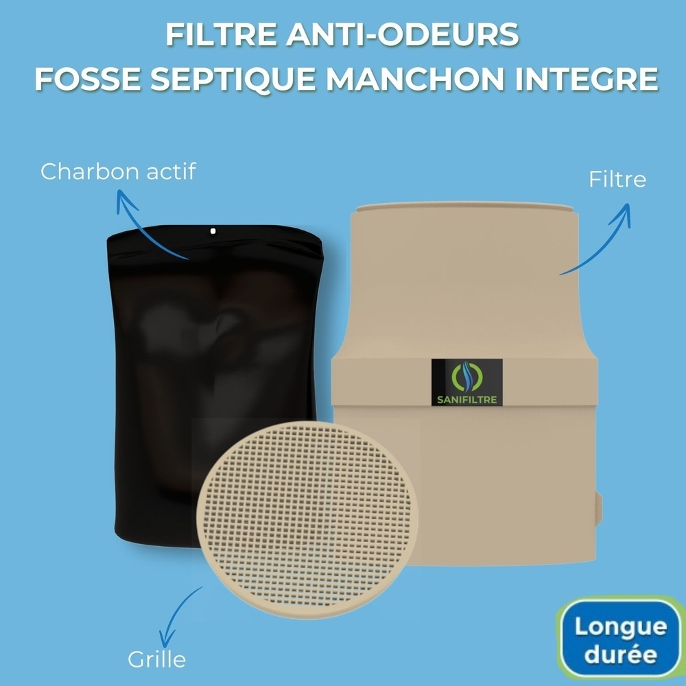 FILTRE ANTI-ODEURS AU CHARBON ACTIF POUR FOSSE SEPTIQUE + MANCHON GRIS