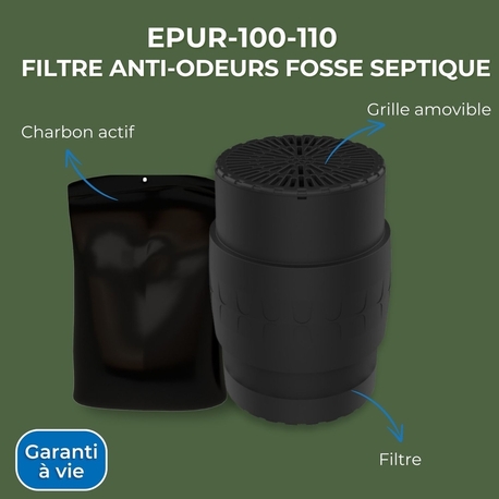 EPUR-100-110 FILTRE ANTI-ODEURS AU CHARBON ACTIF POUR FOSSE SEPTIQUE , TOUTES EAUX , Ø 100 MM