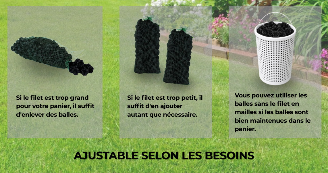 Modularité du filet filtrant fosse septique Hydrodiv. Le système est ajustable en ajoutant ou retirant des balles filtrantes, ou en les utilisant directement dans le panier de la fosse.